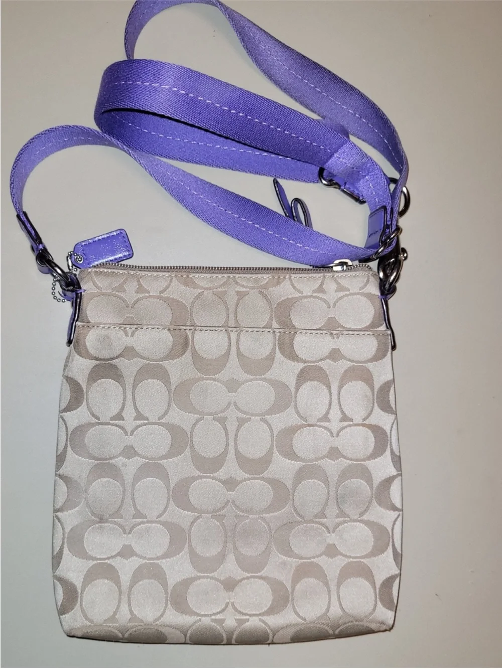 Coach Poppy Beige Signature Crossbody with Purple Trim